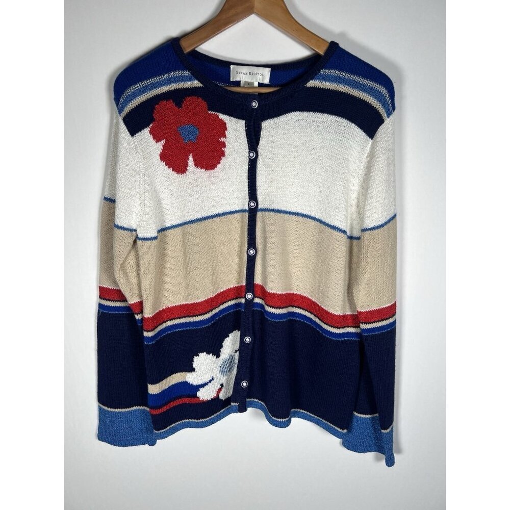 Vintage 90s Susan Bristol poppy cottagcore patriotic cardigan L retro stripes